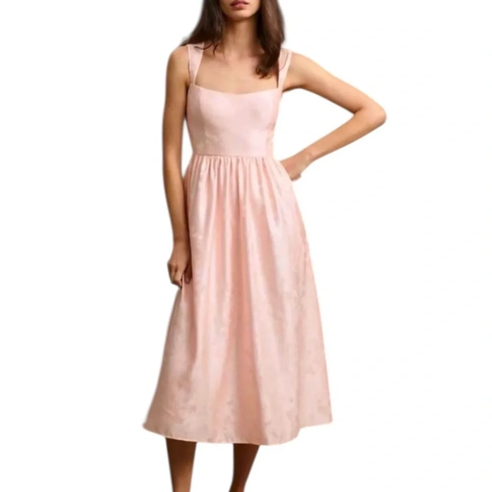 NWT BHLDN Poppy Square Neck Satin Jacquard Midi Dress Blush Pink Size 14